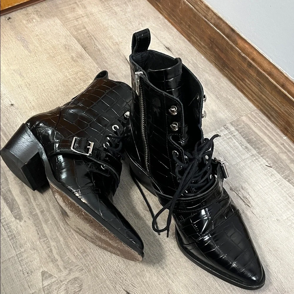 All Saints Black Croc-Embossed Patent Leather Lace-Up Ankle Boots - Picture 2 of 8